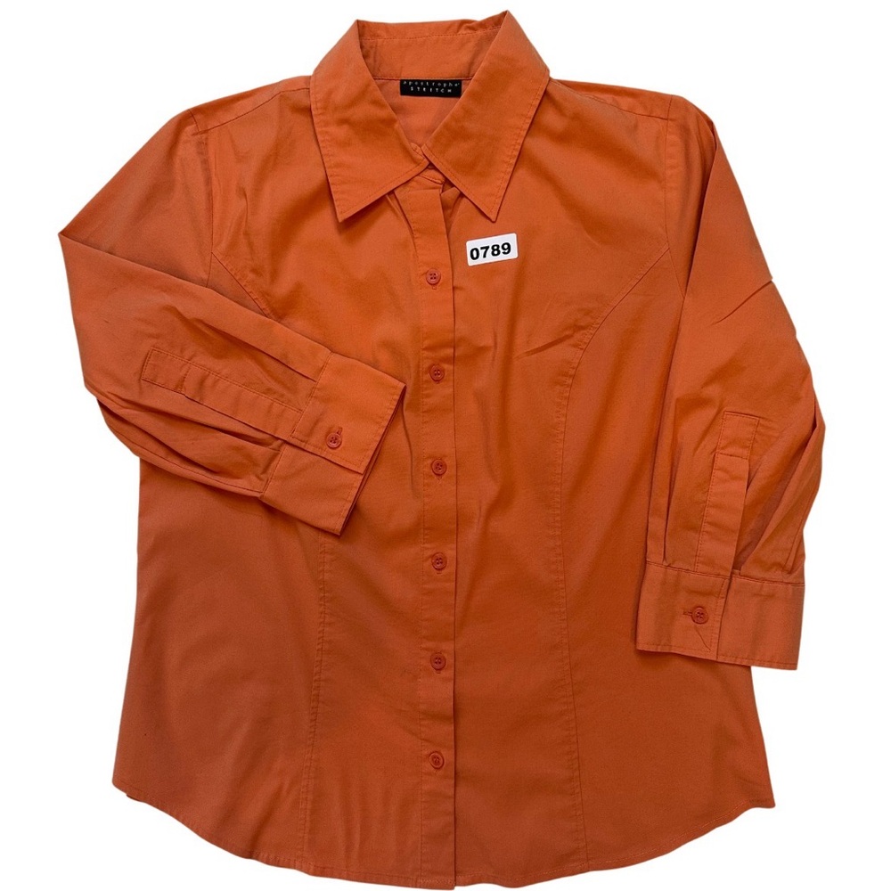 Apostrophe Vibrant Orange Button Up Shirt Women’s M 3/4 Sleeves stretch Casual